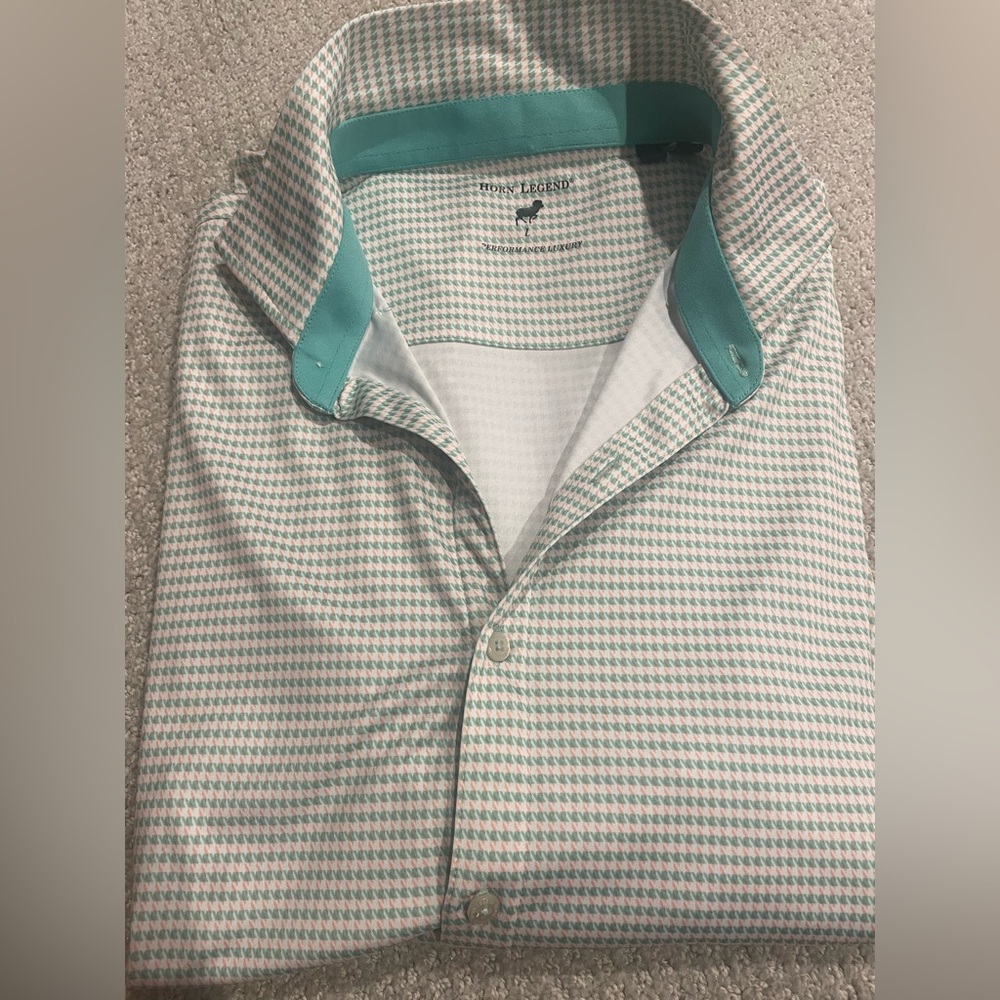 Horn Legend cream with orange and seafoam green houndstooth button up